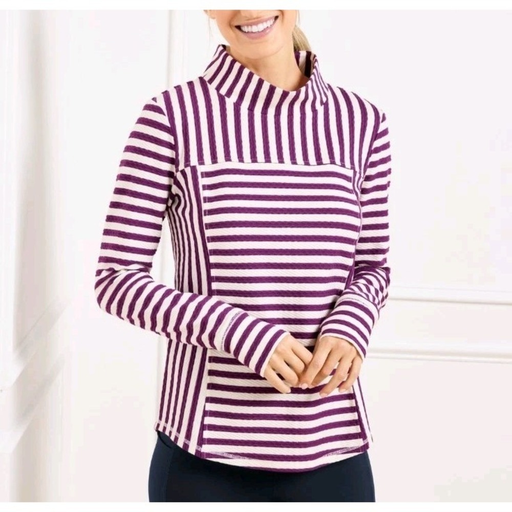 Talbots Mockneck Pullover Womens LP Purple White‎ Textured Stripe